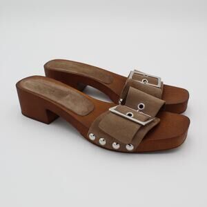 Anthropologie Wood Clog Sandals 39 Womens 8.5 Brown Suede Block Heel Buckle Y2K